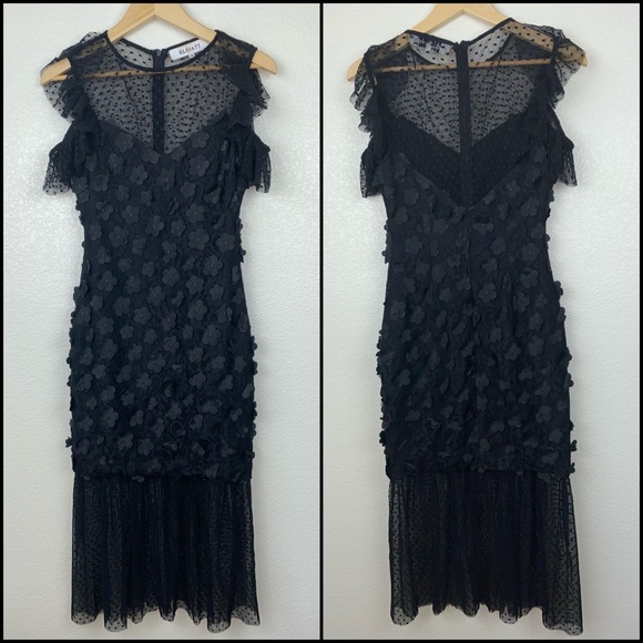 Elliatt Black Floral Appliqué Lace Polka Dot Tulle Mesh Ruffle Midi Maxi Dress - Picture 4 of 9